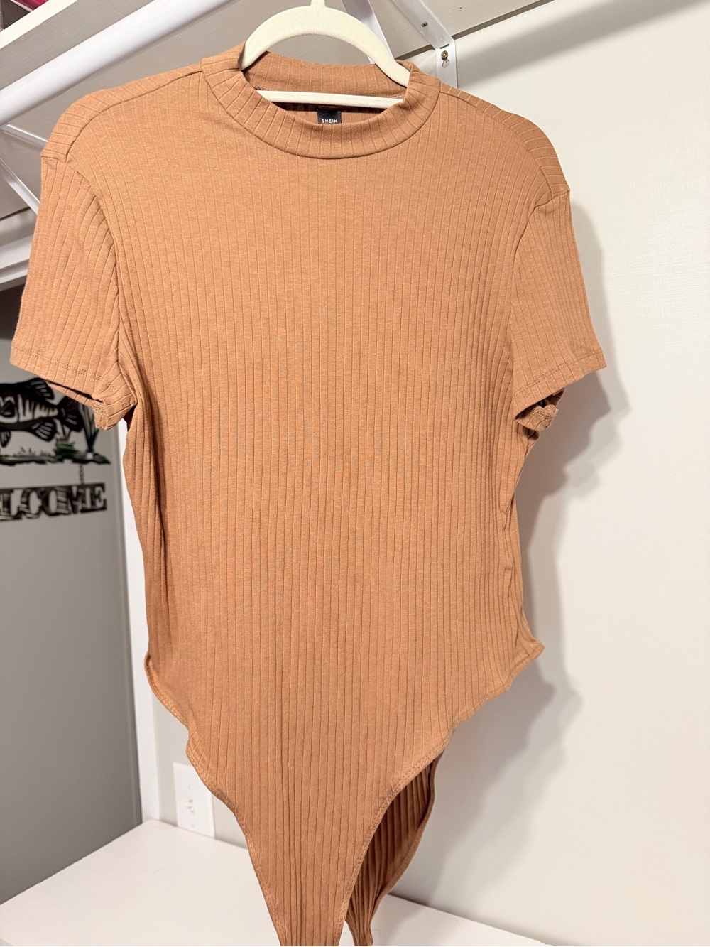 SHEIN Ribbed Short-Sleeve Bodysuit - Tan